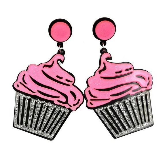Pink Glitter Cupcake Acrylic Birthday‎ Earrings - Picture 6 of 7